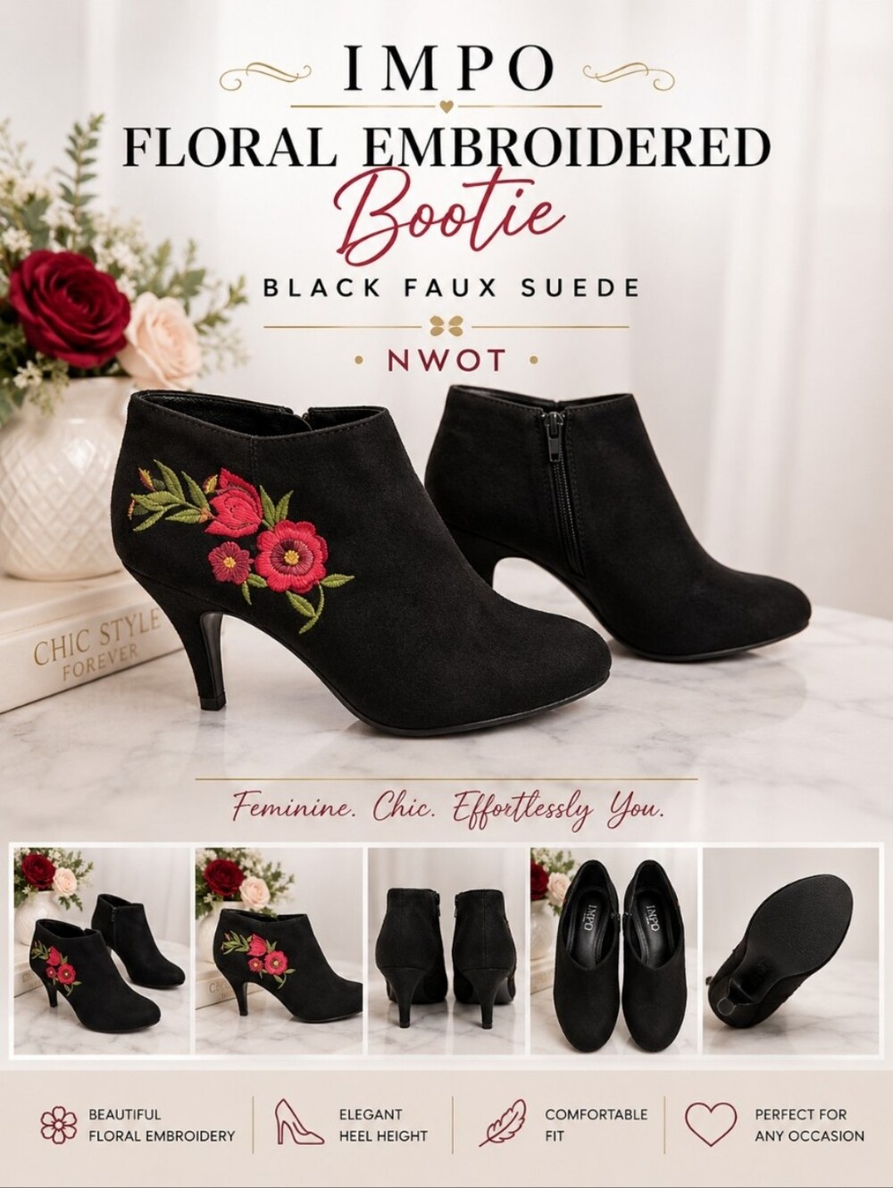 IMPO Black Fuax Suade Floral Embroidered Bootie NWOT